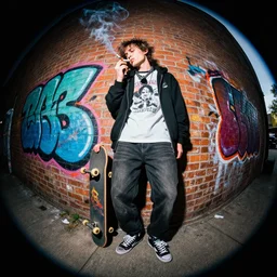 full body concept art of emo skater smoking a cigarette and holding a skateboard, leaning against a brick wall full of graffit, artstation, fisheye lens