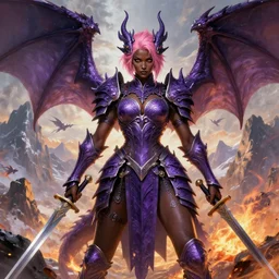 full portrait, solo character!, an alluring dragon hunter, female, intricate purple armor, dragon themed, ornamental, sprouting wings, dark brown skin, short pink hair, swords, battle pose, a background composed of mountains and fire and snow and flying small creatures behind!!, boudoir!, epic, highly detailed, extremely detailed face!, high fantasy, digital painting, by artgerm and greg rutkowski and alphonse mucha, artstation
