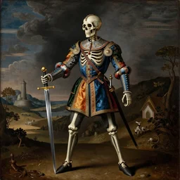 skeleton in a colourful landsknechts uniform, wielding a sword, rennaissance painting