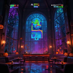 large lounge with very tall windows, bar, halloween decorations, gameplay still frame, 4 colors, pixel art, futuristic, splash screen, level design, high contrast, background, deep focus, highly detailed, dramatic lighting, digital painting, artstation, concept art, matte, greg rutkowski, moebius.