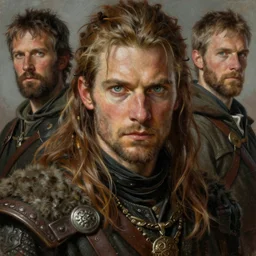 a highly detailed portrait painting of a rugged medieval fantasy ranger with piercing eyes, by marc simonetti and michael whelan and gerald brom