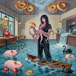 tall female emo artist holding an octopus in a flooded starbucks, bagels, pigs, water gushing from ceiling, painting of flood waters inside a cafe, a river flooding indoors, pomegranates, pigs, ikebana, water, octopus, river, rapids, waterfall, black swans, zen, canoe, berries, acrylic on canvas, surrealist, by magritte and monet