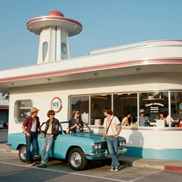 james jean, norman rockwell, googie style architecture, retro futuristic atomic age, space age, greaser biker gang, greaser biker gang hanging out at the ice cream parlour