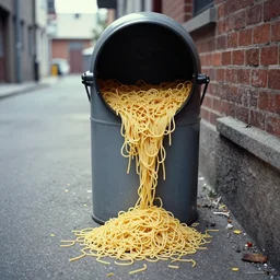 spaghetti overflowing from a garbage can, alley way, nikon 2 8 mm, f 1. 8, kodachrome, retro, n the style of wes anderson