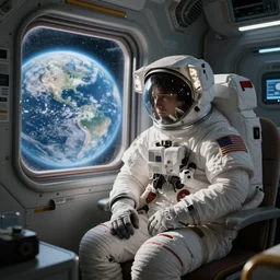 photo realistic octane render of a living room in a space station with a sad astronaut looking out the window at earth