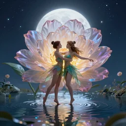 a flower and magical fairy dancing in a river with de moon glow in the background vibrant lighting, elegant, highly detailed, smooth, sharp focus, illustration, beautiful, geometric, trending on artstation, full body, cinematic, artwork by Borovikovsky