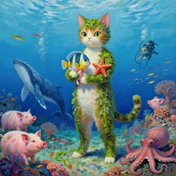 tall catgirl holding a tropical fish and a piglet in ishigaki okinawa, starfish, covered in seaweed, coral reef, summer, whale, schools of fish, scuba, pigs, octopus, acrylic on canvas, surrealist, by magritte and monet