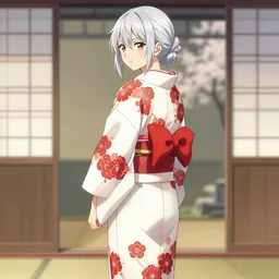 (beautiful) girl, silver hair, white kimono with complex red flower patterns, full body, looking to camera, showing her shoulder from back, ilustration by Takehiko Inoue (((and Krenz Cushart)))