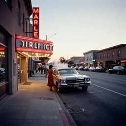 street view in america of market district at dawn. woman in red dress entering a cadillac parked outside a cinema, from 1 9 6 8, california. scorsese, wes anderson, kodachrome, fred herzog. small steam from vents lit by neon signs. epic wide angle view 2 8 mm lens. medium format cinestill film tones, by chesley bonestell, vincent di fate