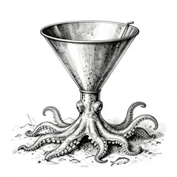 detailed ink drawing of a giant metal funnel that on the thin side has arms of a cephalopod, it was found in the fjords on the slopes of mount generous but also in the arctic ocean, hence the name similar to an ikea coffee table, it fed on small pelagic prey, the gratacuchtyos,
