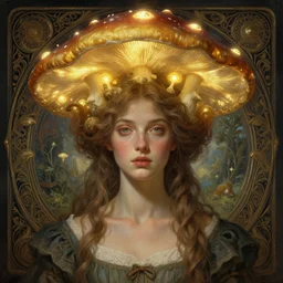 symmetry!! portrait of a woman, cottagecore!!, mushroom head!! glowing lights!! intricate, elegant, highly detailed, digital painting, artstation, concept art, smooth, sharp focus, illustration, art by artgerm and greg rutkowski and alphonse mucha
