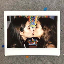 double exposure of two women kissing ( closeup ) and a psychedelic painting, lomography. this photograph is subsequently printed out and splattered with paint. mixed media collage art with magazines and found art