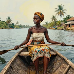 nigerian woman on a canoe boat in lagos surreal style art