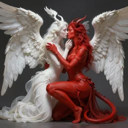 ultra realistic, beautiful white-winged angel kissing gorgeous red devil, sci-fi, fantasy, mythical, intricate, elegant, highly detailed, digital painting, octane render, substance painter, zbrush, artstation, concept art, smooth, sharp focus, eerie, illustration, 8k, HD, art by artgerm and greg rutkowski and raphael