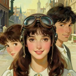 a film still of a happy 1 9 4 0's aviator girl, finely detailed features, closeup at the faces, perfect art, at an ancient city, gapmoe yandere grimdark, ( emerald herald ), trending on pixiv fanbox, painted by greg rutkowski makoto shinkai takashi takeuchi greg rutkowski, alphonse mucha
