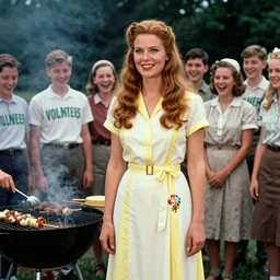 an image of a queen with tan skin long rippling cinnamon hair and emerald colored eyes attending a barbecue for youth volunteers in a medium full shot, vintage historical fantasy 1 9 3 0 s kodachrome slide german and eastern european mix. the queen is pictured standing in front of a group of youth volunteers, who are all laughing and smiling. she looks happy and proud to be there. she is dressed in a yellow white midi shirt dress paired with a floral classic pump.