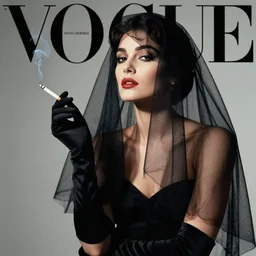 Beautiful girl in black veil and black gloves holding a lit cigarette in her hand. Expressed noir style, photo shoot, model posing, cigarette smoke, award winning, retro, VOGUE, 85mm, masterpiece, photo by Peter Lindbergh, Henri Cartier-Bresson
