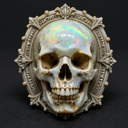 skull, rococo decoration with gothic border, made of boulder opal