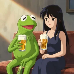 anime art of kermit the frog and misato katsuragi enjoying a cold beer