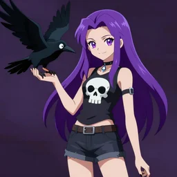 skinny goth girl with long purple hair and skulls on her shirt standing next to a crow, in the style of pokemon anime art