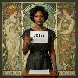 medium portrait of black woman in 1 9 6 0 s attire voting for the first time by artgerm, cushart krenz, greg rutkowski, mucha and norman rockwell. art nouveau. gloomy colors, sharp edges. ultra clear detailed. 8 k. elegant, intricate, octane render
