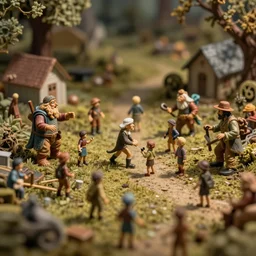 vintage photo, tilt shift focus, miniature heironymous bosch creatures, figurines, toy, extreme dof