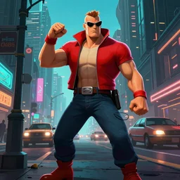 Duke Nukem on a cyberpunk city street