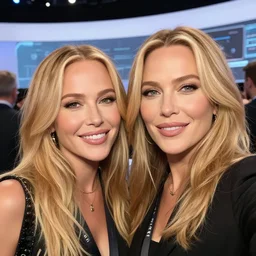 a selfie of pamela anderson and kate beckinsale at a hightech conference, hyper realistic, sharp focus, depth of field, hyper detailed