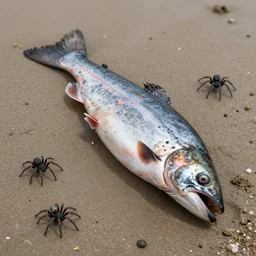 decaying salmon on the beach, spiders, by beksinski, 4 k, ultra realistic, highly detailed.