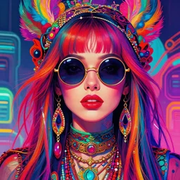 colorful portrait of a female hippie with round sunglasses, set in the future 2 1 5 0 | highly detailed | very intricate | symmetrical | professional model | cinematic lighting | award - winning | painted by mandy jurgens and ross tran | pan futurism, dystopian, bold psychedelic colors, cyberpunk, groovy vibe, anime aesthestic | featured on artstation