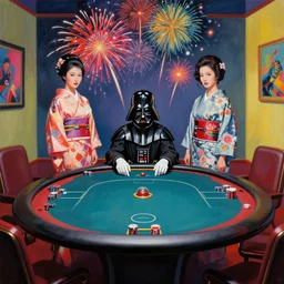 hyper - realistic composition of a large room with an extremely detailed poker table in the center, woman in traditional japanese kimono standing nearby, darth vader sitting at the table, fireworks in the background, pop art style, jackie tsai style, andy warhol style, acrylic on canvas, dull palette