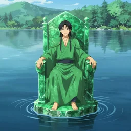 a lone emperor sitting on a emerald throne floating on water in the middle of a lake drawn by Makoto Yukimura in the style of Vinland saga anime, full color, detailed, psychedelic, Authority, structure, a father figure, tarot card