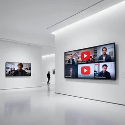 an art gallery in the year 2 1 0 0 displaying old youtube videos. futuristic, modern, slick interior design. volumetric white lighting, liminal, professional 4 k uhd photo