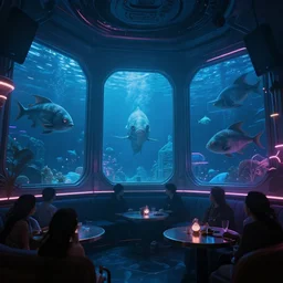 underwater cyberpunk night club with large alien fish swimming behind the windows in the background, high detail