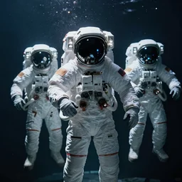 astronauts in dark empty mirrored underwater - complex and hyperdetailed suit. reflection and dispersion materials. rays and dispersion of light. glowing lights. volumetric light. f / 3 2. noise film photo. flash photography. ultra realistic, wide angle. poster by wayne barlowe, hajime sorayama aaron horkey, craig mullins