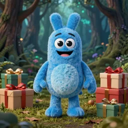blue snappy gifts mascot from snappy. com as plush doll in magical forest, gifts, dark atmosphere, high detail, soft lighting, 8 k
