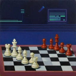 surreal chess, 80s style, synthwave, matte colors, oil on canvas