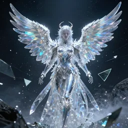 angel knight, made of crystal, broken mirrors, holographic wings, cinematic lighting, black hole battle scene, 8 k, vray render, cinematic style of interstellar,