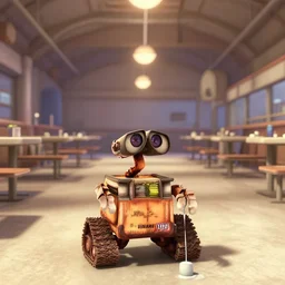 Film still of an empty mess hall in the movie WallE, Pixar, bright cinematic lighting, Cinestill colour cinematography, anamorphic, year 3000, cat drinking milk