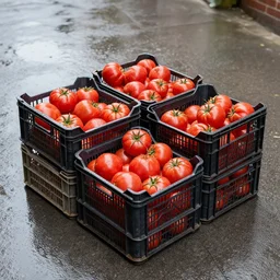 stock photo of medium size crates of tomatoes, daylight, rainy, pavement, professional photography