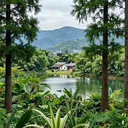 of a new world with trees 🌲 🌳 and lakes and rivers and mountains and houses with bunch of plants 🌱