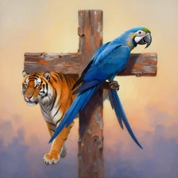 painting of cross between tiger & blue macaw, intercrossed animal, by zdzislaw beksinski, by tiffany bozic, cold hue's, warm tone gradient background, concept art, beautiful composition, digital painting,