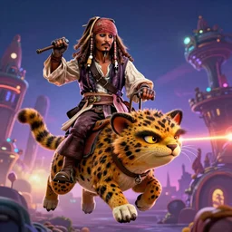 a cheeta shooting laser beams from its eyes and jack sparrow is riding on top, colorful, fantasy, violent, star wars