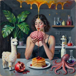 dark kitchen of an art student, sensual portrait of an artist holding a brain, tropical houseplants, honey dripping from ceiling, berries dripping juice, pancakes, pomegranate, berries, alpaca sculpture, octopus, scientific glassware, neo - expressionism, surrealism, acrylic and spray paint and oilstick on canvas