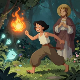 smiling hapa sorceress in trousers with short hair wearing trousers casting a fireball and chasing will-o-wisps in a garden, orthodox saint, by Greg Rutkowski, breathtaking digital 2d cover art