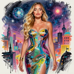 a sketch, ultra detailed, fashion, magic, universe, beautiful woman, similar to margot robbie, beautiful colors, surreal city, in style of jean - michel basquiat, trending on artstation