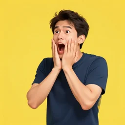 man in shock and excitement on a pure yellow background, digital art, graphic