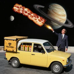the deliverator's car has enough potential energy packed into its batteries to fire a pound of bacon into the asteroid belt, in the style of dali