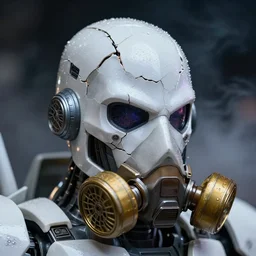 close-up of white metallic translucent shattered skin broken mecha humanoid face with gold gas mask, ultra-realistic, ultra-detailed, low-light, at night, humid air, smoke background, glith