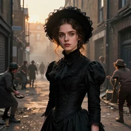 a young woman wearing a long black victorian dress corset hat, brown hair, in a dirty victorian london slum back alley, smog atmosphere, sunset, dramatic shadows, urchins, street sellers, sharp closeup finely detailed face features, comic book art by neal adams, steve ditko, jack kirby, dave mckean, joe benitez, roc upchurch